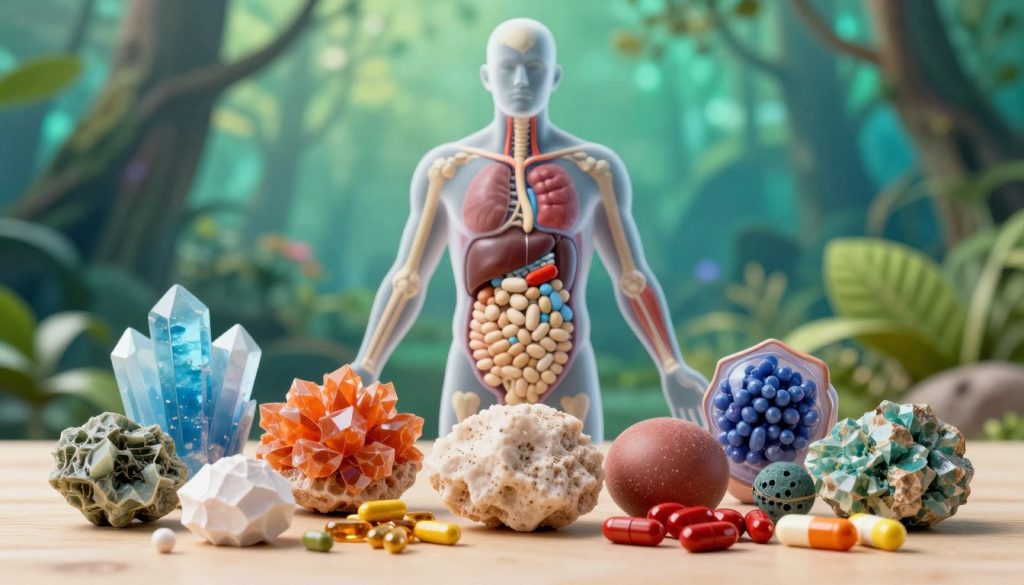 A vivid illustration of the critical minerals essential for the human body, featuring a colorful array of minerals like calcium, magnesium, iron, and zinc. In the foreground, artistic representations of these minerals are artistically arranged in various forms, such as minerals in crystalline structures or encapsulated in capsules. The middle ground depicts a stylized human silhouette, semi-transparent, showcasing highlighted internal organs—like bones for calcium, muscles for magnesium, and blood for iron—signifying their functions. In the background, an abstract representation of nature with vibrant greens and blues, symbolizing the source of these minerals. Soft, natural lighting illuminates the scene, casting gentle shadows and creating an insightful atmosphere, encouraging a sense of health and vitality. The composition is balanced and harmonious, inviting viewers to reflect on the importance of minerals in their overall well-being.